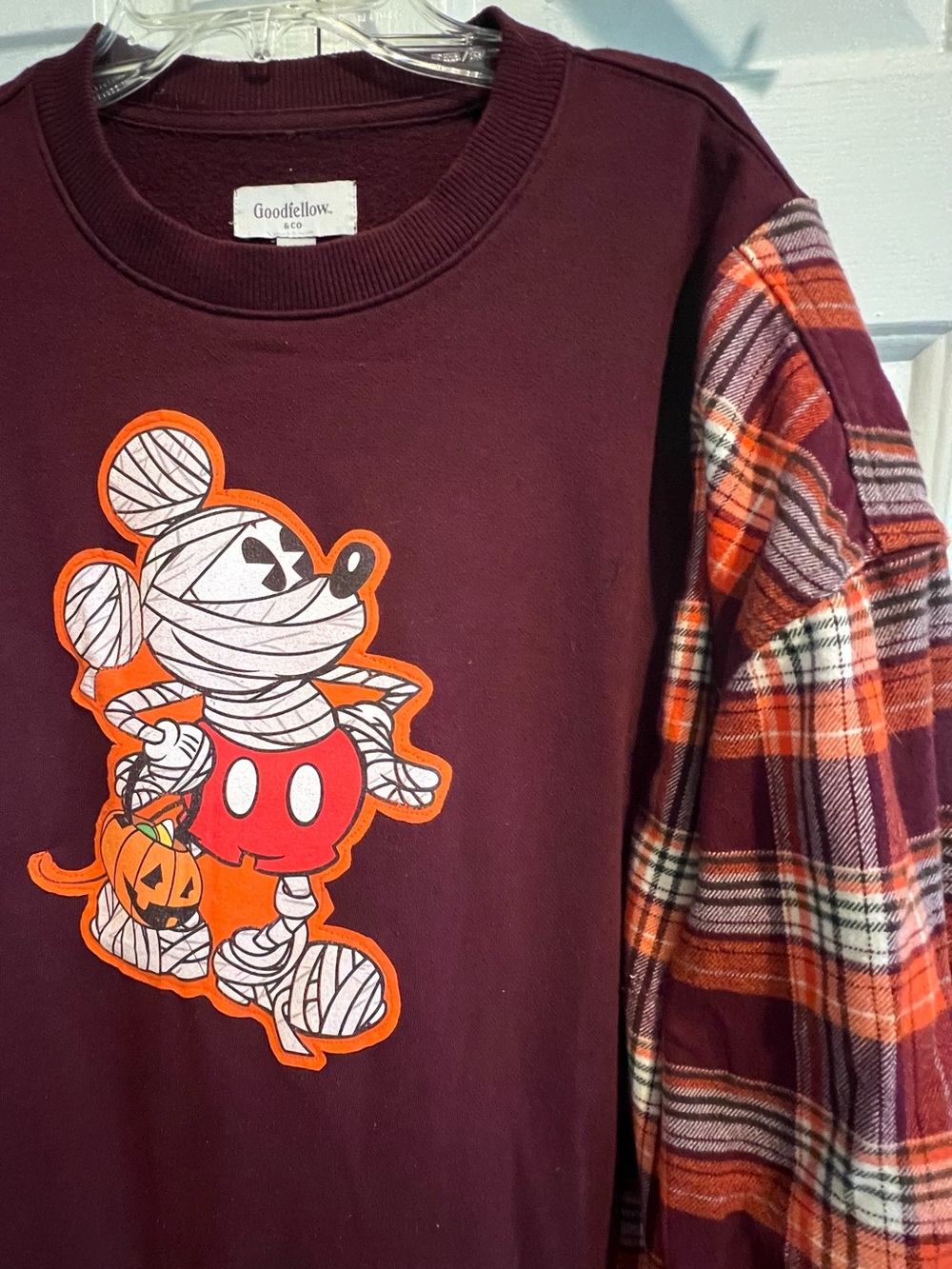 UPCYCLED🧡Mickey Mouse Halloween Sweatshirt w added Plaid Sleeves, Disney